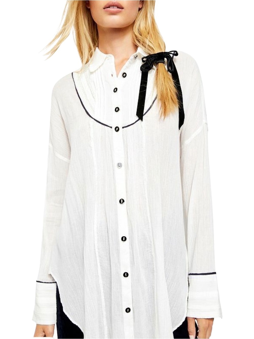 Free People $108 Amore Amore Piped White Button Down Shirt Sz M